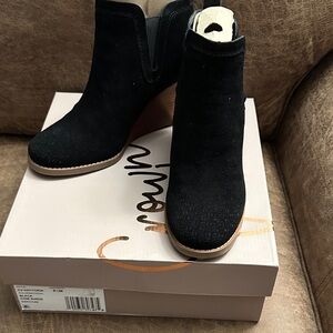 Crown Vintage Black Suede Wedge Ankle Boots with Tan Sole